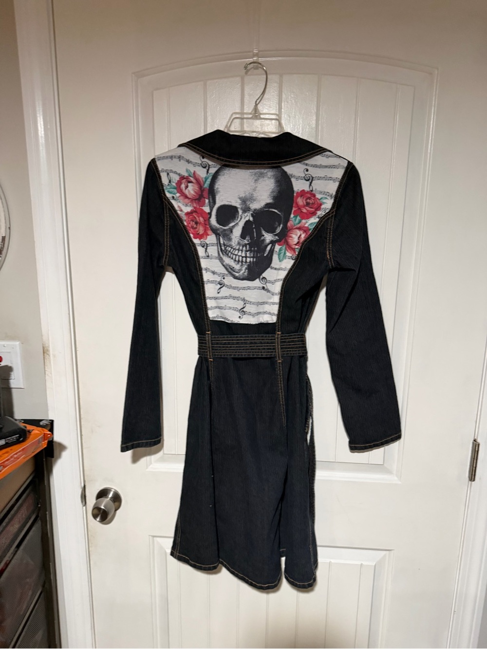 Hot Kiss Black Trench Coat with Skull & Red Rose Back Panel